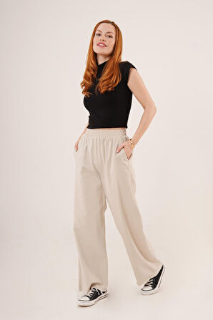 35 AVM Bel Lastikli Paça Detaylı Cepli Krem Pantolon