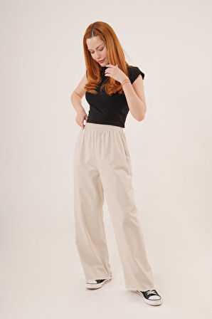 35 AVM Bel Lastikli Paça Detaylı Cepli Krem Pantolon