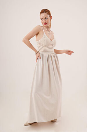 35 AVM Ajurlu Askılı Belden Oturtmalı Maxi Krem Elbise