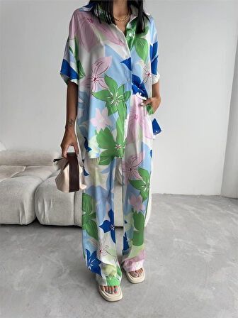 35 AVM YEŞİL BÜYÜK ÇİÇEK DESEN SATEN GÖMLEK-PANTOLON TAKIM - Yeşil