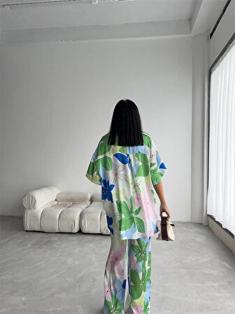 35 AVM YEŞİL BÜYÜK ÇİÇEK DESEN SATEN GÖMLEK-PANTOLON TAKIM - Yeşil