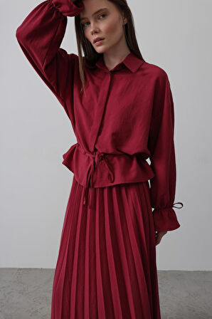 35 AVM Bel Detaylı Bluz Pileli Etek - Bordo