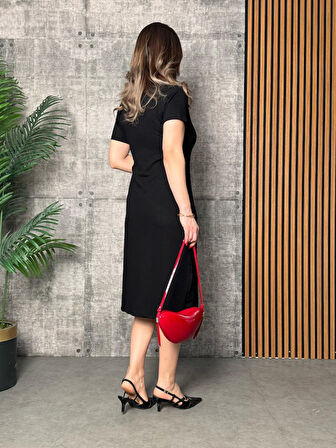 35 AVM Kadın Yaka Ribanalı Çift Yırtmaçlı Elbise