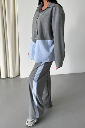 35 AVM POLYVİSKON - POPLİN PARÇALI GÖMLEK PANTOLON TAKIM - Gri