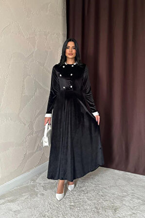 35 AVM Siyah Yakası Taşlı Garnili Kadife Elbise