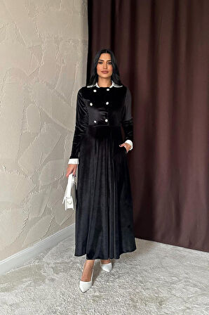 35 AVM Siyah Yakası Taşlı Garnili Kadife Elbise