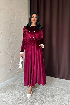 35 AVM Bordo Yakası Taşlı Garnili Kadife Elbise