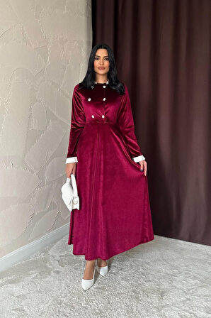 35 AVM Bordo Yakası Taşlı Garnili Kadife Elbise