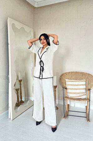 35 AVM Bej Biye Detaylı Keten Takım