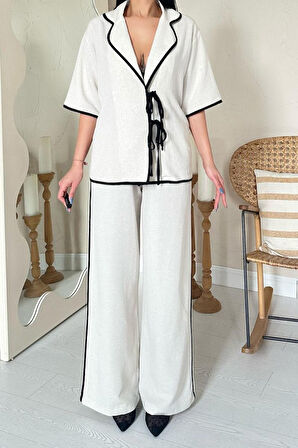 35 AVM Bej Biye Detaylı Keten Takım