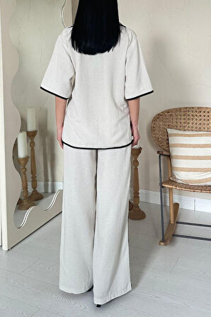 35 AVM Bej Biye Detaylı Keten Takım