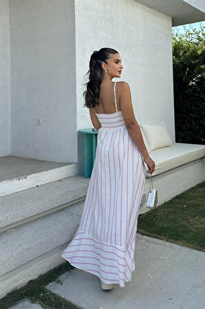 35 AVM Jenny Volanlı Çizgi Desen Elbise2747-8