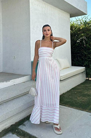 35 AVM Jenny Volanlı Çizgi Desen Elbise2747-8