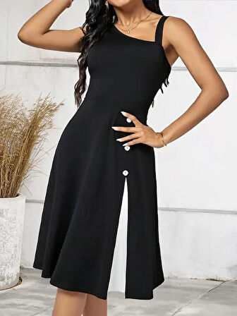 35 AVM Kadın Tek Omuzu şerit Detaylı Sıfır Kol Yandan Düğme Detaylı Janjan Krep Elbise