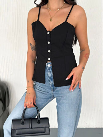 35 AVM Askılı Dekolte Deraylı Bluz Crop - Siyah