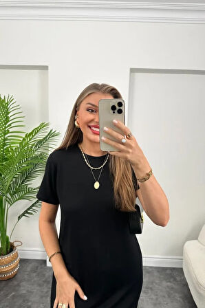 35 AVM Kadın Kısa Kollu Yırtmaç Detaylı Salaş Viskon Elbise