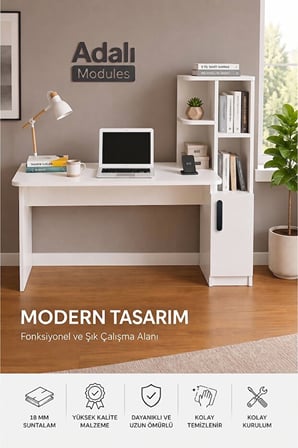ADALIMODULES Ders Çalışma Masası Kavisli Kitaplıklı 120 CM Çalışma Masası Öğrenci Masası Ofis Çalışma Masası