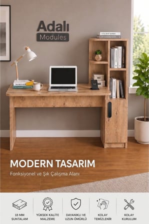 ADALIMODULES Ders Çalışma Masası Kavisli Kitaplıklı 120 CM Çalışma Masası Öğrenci Masası Ofis Çalışma Masası