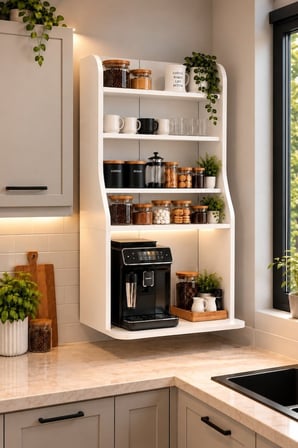 ADALIMODULES LED Aydınlatmalı Duvara Monte Kahve Köşesi Dolabı Çok Amaçlı Mutfak Rafı
