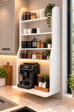 ADALIMODULES LED Aydınlatmalı Duvara Monte Kahve Köşesi Dolabı Çok Amaçlı Mutfak Rafı