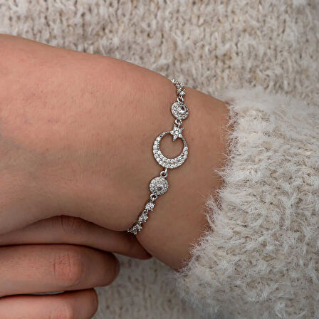 Gümüş Zirkon Taşlı Ay Yıldız Kadın Bileklik