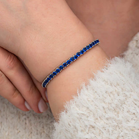 Gümüş Lacivert Zirkon Taşlı Su Yolu Kadın Bilekik