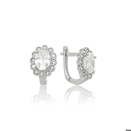 Gümüş Oval Taşlı Çiçek Küpe