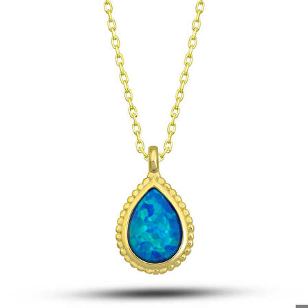 Gümüş Gold Damla Mavi Opal Taşlı Kadın Kolye