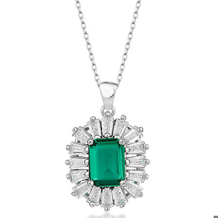 Gümüş Elmas Montür Zümrüt Taşlı Kadın Kolye