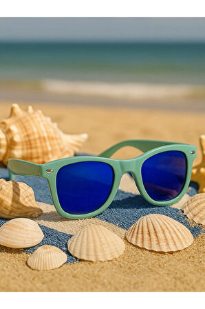 Sevimli Çocuk Aynalı Cam Kids Çocuk Güneş Gözlüğü Yeşil Çerçeve UV 400 Korumalı CE Belgeli