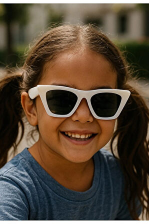 Sevimli Çocuk Güneş Gözlüğü Beyaz Çekik Çerçeve UV 400 Korumalı CE Belgeli Kids Çocuk Güneş Gözlüğü