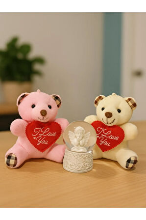 Sevgiliye Eşe Özel Günlere Hediye 2 Adet Sevimli Mini Peluş Ayıcık ve Mini Melek Kar Küresi Set