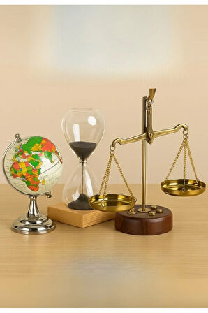 Dekoratif Ofis Hediyesi 3 Lü Masa Üstü Seti Retro Terazi Kum Saati Cam Dünya Küre Dekoratif Hediye