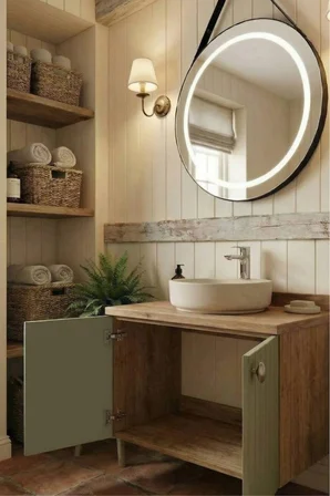 Banyo Dolabı-Asma 2 Kapaklı Lavabolu-Ahşap-mat Yeşil Mdf 100 Cm-Ledli Ayna