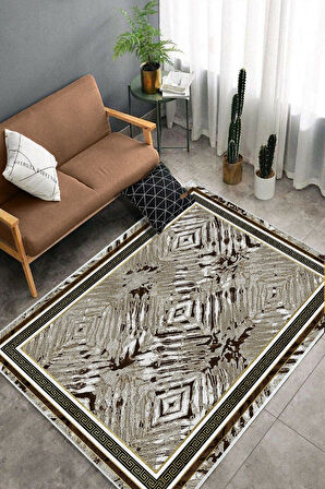 Kahverengi Dot Keçe Kaymaz Taban Versace Salon Saçaksız Halı B1209