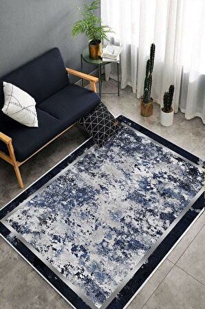 Lacivert Dot Keçe Kaymaz Taban Modern Salon Saçaksız Halı B1246