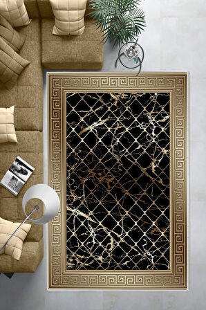 Vizon-Siyah Dot Keçe Kaymaz Taban Versace Salon Saçaksız Halı B1277-1
