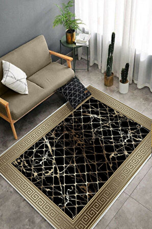 Vizon-Siyah Dot Keçe Kaymaz Taban Versace Salon Saçaksız Halı B1277-1