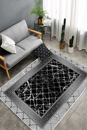 Gri-Siyah Dot Keçe Kaymaz Taban Versace Salon Saçaksız Halı B1293