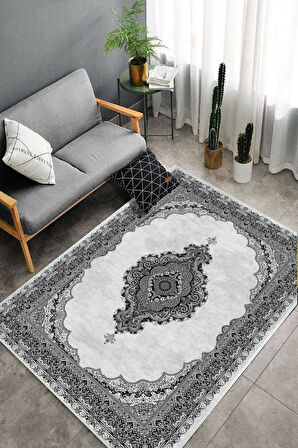 Siyah-Gri Dot Keçe Kaymaz Taban Göbekli Salon Saçaksız Halı E4152