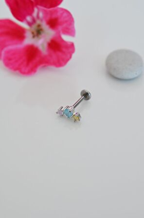 Silver Arkası Düz Çelik Soft Renkli Tragus Piercing Helix Lob Kıkırdak