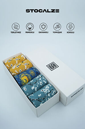 Stocalze Pamuklu Sanat Temalı Soket Çorap. Gece Badem Ağacı Desenli Van Gogh Temalı 5'li Kutulu Çorap Seti.