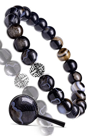 Sertifikalı Siyah Göz Akik Doğal Taş Bileklik - Gümüş Aparatlı