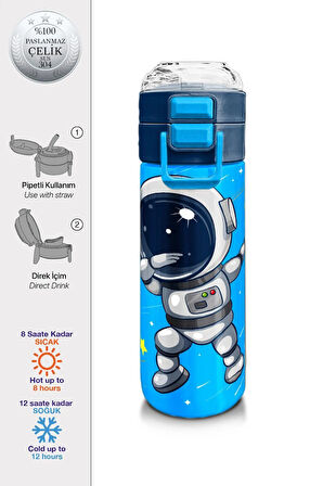 Kids Erkek Desenli Pipetli ve Direkt İçim Çelik Termos 500 ml