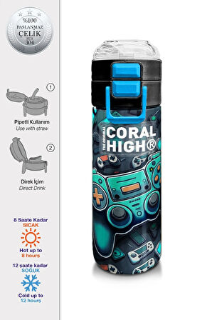 Kids Erkek Desenli Pipetli ve Direkt İçim Çelik Termos 500 ml
