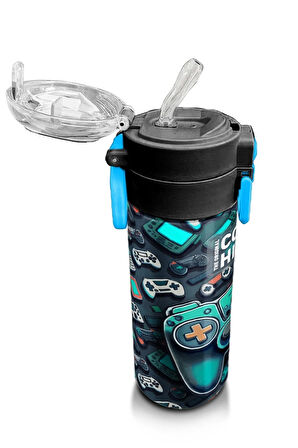 Kids Erkek Desenli Pipetli ve Direkt İçim Çelik Termos 500 ml