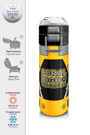 Kids Erkek Desenli Pipetli ve Direkt İçim Çelik Termos 500 ml