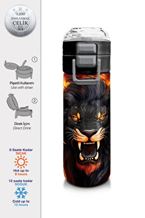 Kids Erkek Desenli Pipetli ve Direkt İçim Çelik Termos 500 ml