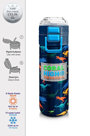 Kids Erkek Desenli Pipetli ve Direkt İçim Çelik Termos 500 ml