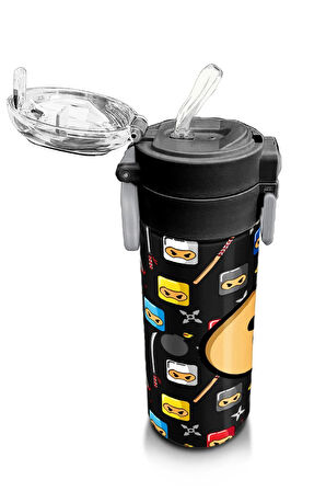 Kids Erkek Desenli Pipetli ve Direkt İçim Çelik Termos 500 ml